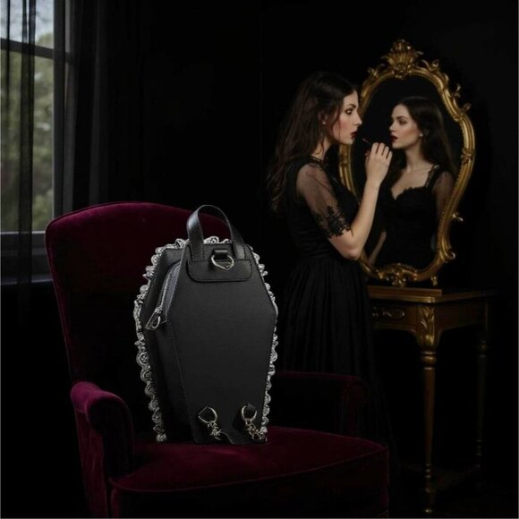 Widow ✦ Vegan Leather Coffin Backpack ✦ Gothic Brocade Lace Trim OS NWT - Picture 8 of 12